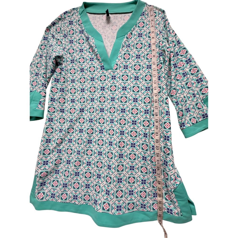 Aqua et Sol Teal Pink Geometric Tile Print V-Neck Swim Cover Up Dress XL